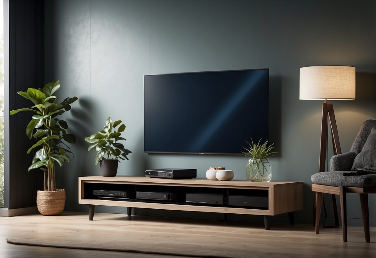 A modern TV stand with sleek design, cable management features, and adjustable shelves for storage