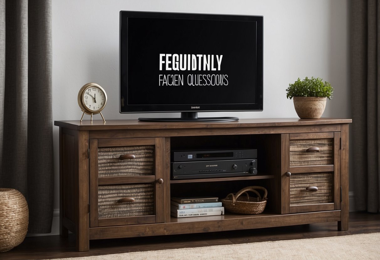 A modern TV stand with shelves and drawers, displaying the words "Frequently Asked Questions" in bold letters