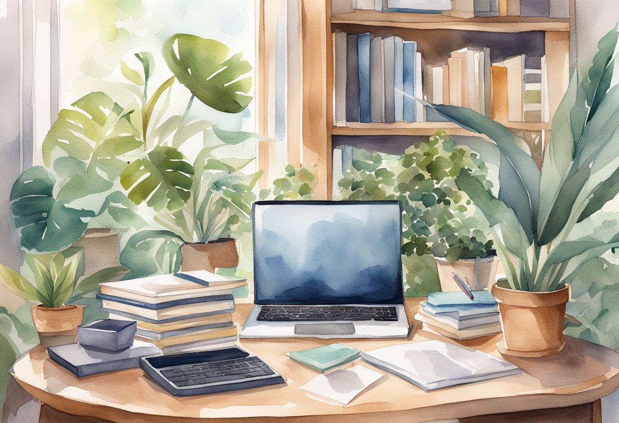 A desk with a laptop and scattered papers, surrounded by plants and art supplies. A hammock and a bookshelf filled with games and books in the background