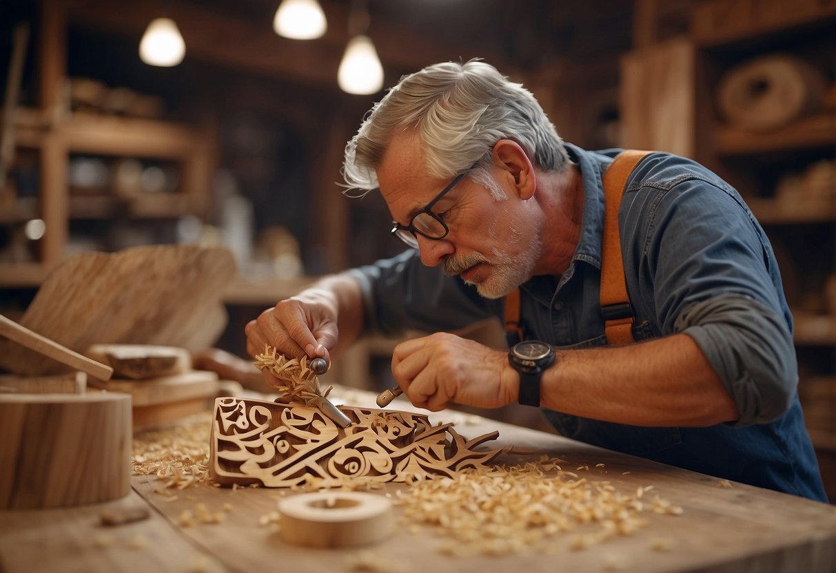 A craftsman carefully carves intricate designs into a smooth piece of birchwood, surrounded by various woodworking tools and shavings