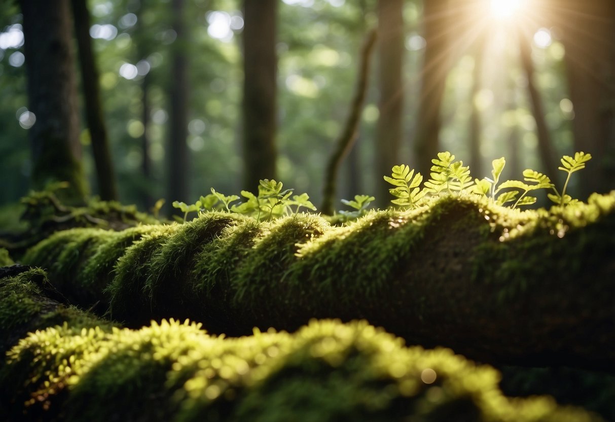 Sunlight filters through the dense canopy onto moss-covered logs and vibrant green foliage in the peaceful woodlands