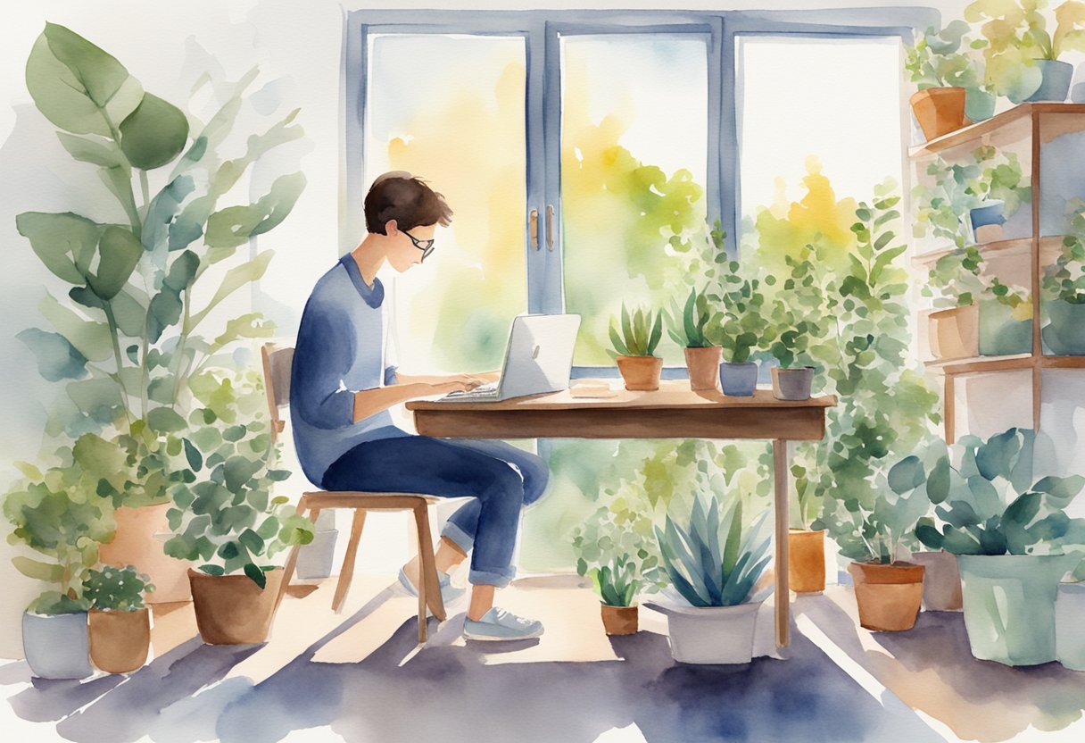 A person sitting at a desk with a laptop on one side and a book on the other, surrounded by plants and a window showing a sunny day