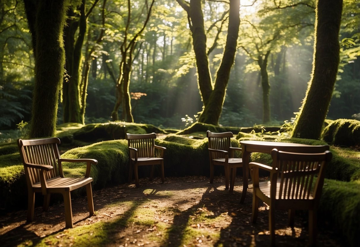 Sunlight filters through the dense canopy, casting dappled shadows on the moss-covered furniture. Vines twist around the wooden chairs and tables, creating an enchanting scene in the green furniture woodlands