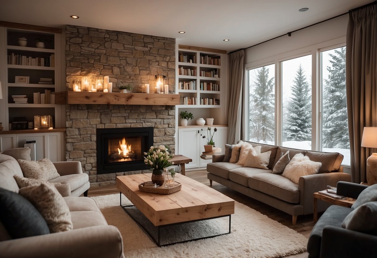 A cozy living room with a warm fireplace, adorned with elegant birchwood furniture and shelves filled with a variety of books and decorative items