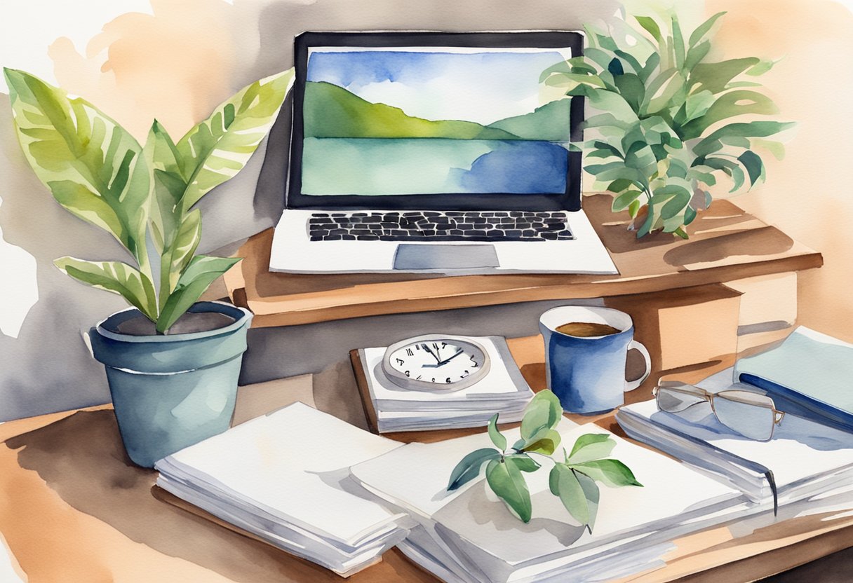 A desk with a laptop and a stack of papers on one side, and a book and a plant on the other. A clock on the wall shows the time as 5 pm