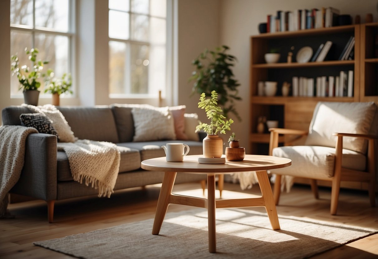 A cozy living room with a modern birchwood furniture set, including a coffee table, bookshelf, and armchair. Sunlight streams in through the window, casting a warm glow on the natural wood surfaces