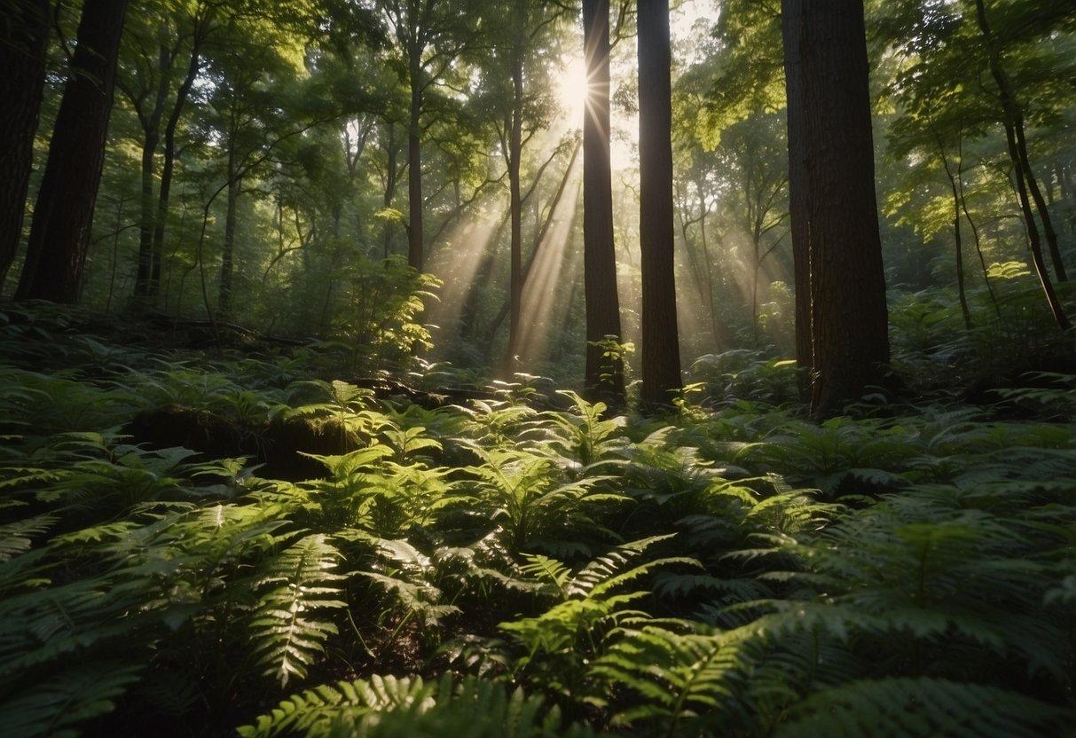 Lush forest with vibrant green foliage, towering trees, and wooden furniture scattered throughout. Sunlight filtering through the canopy, casting dappled shadows on the forest floor