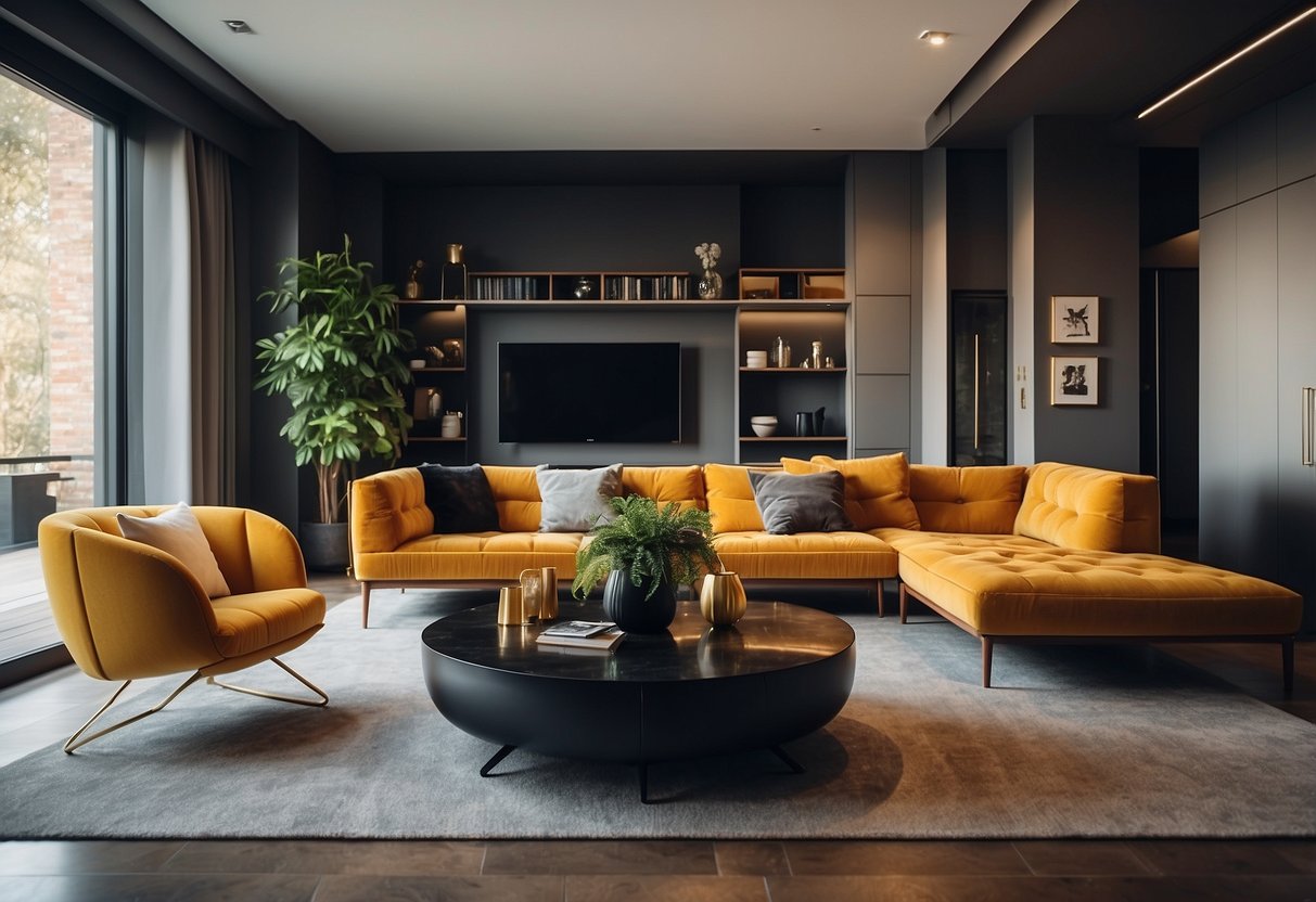 A modern living room with sleek, affordable furniture and vibrant colors