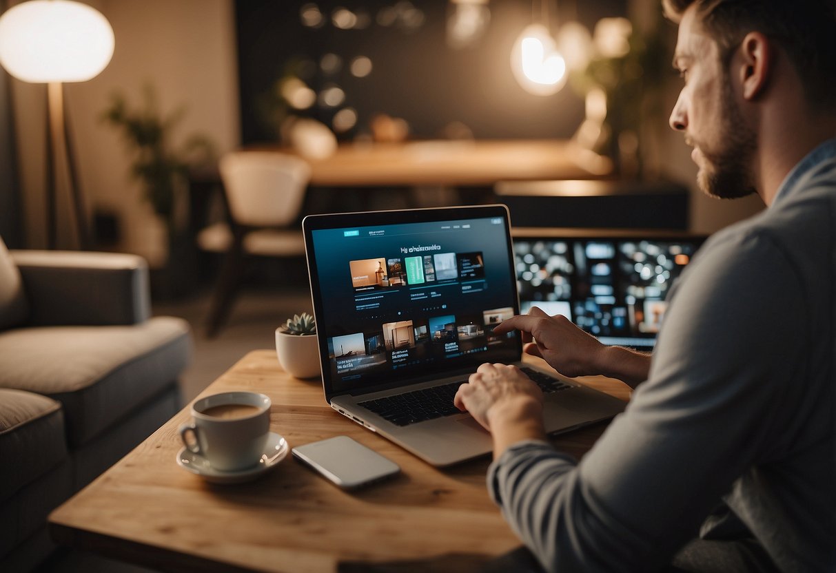 A person browsing online for affordable furniture options, surrounded by modern and stylish pieces at budget-friendly prices