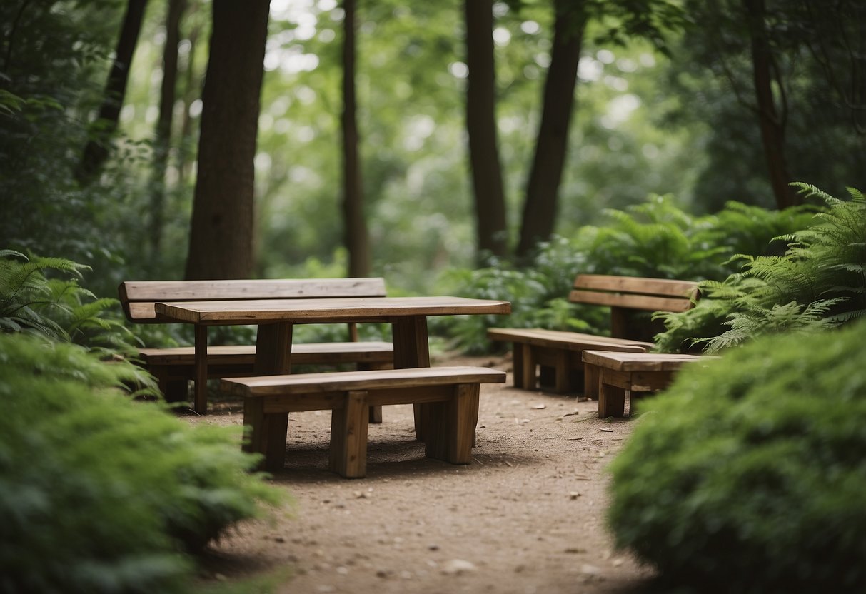 A serene forest with lush green foliage, scattered wooden furniture, and a sense of tranquility