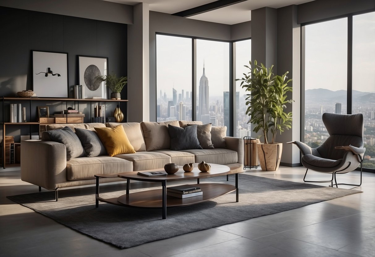 A modern living room with sleek, affordable furniture arranged for both comfort and style