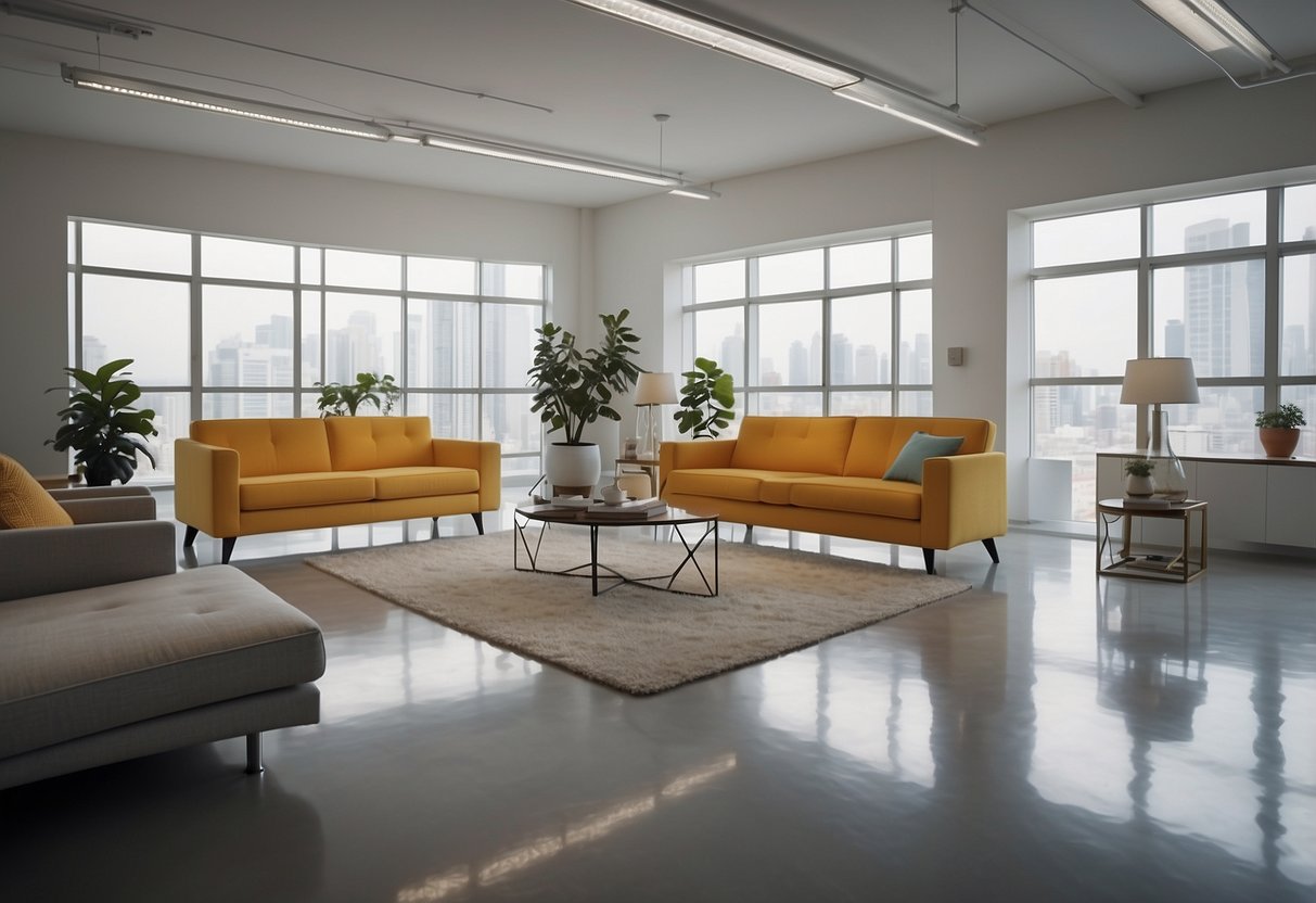 A brightly lit room with modern, stylish furniture arranged in a clean and organized manner. A sign reading "Frequently Asked Questions cool cheap furniture" is prominently displayed