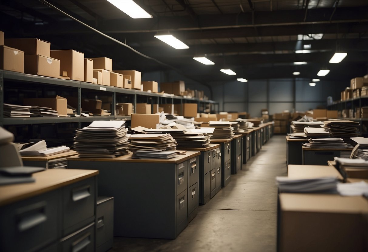 A cluttered warehouse with rows of used office furniture, stacked desks, chairs, and filing cabinets. Dusty shelves and dim lighting create a sense of abandonment