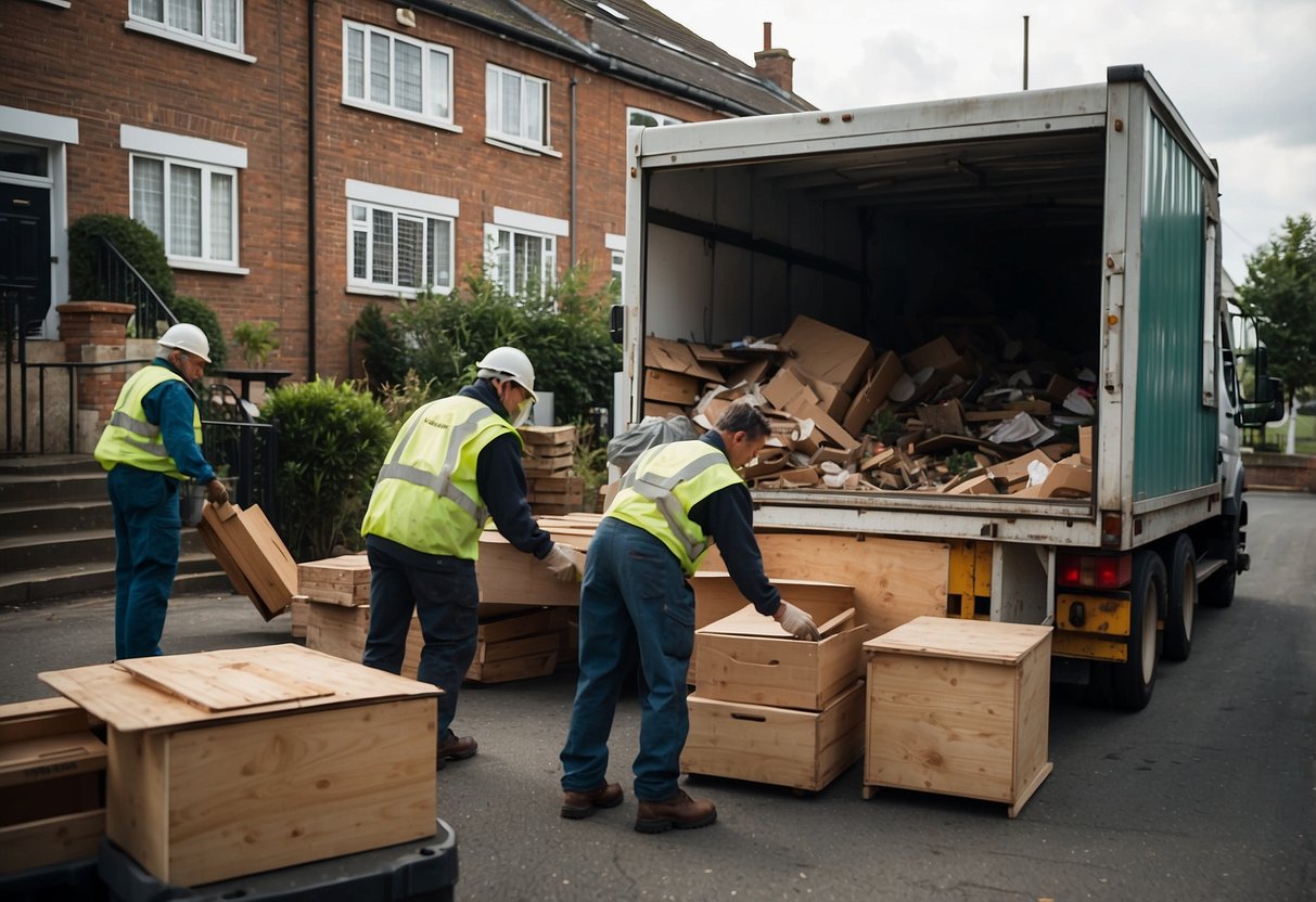The town council's bulky item disposal service is in action, with workers removing old furniture from homes and loading it onto a large truck for proper disposal