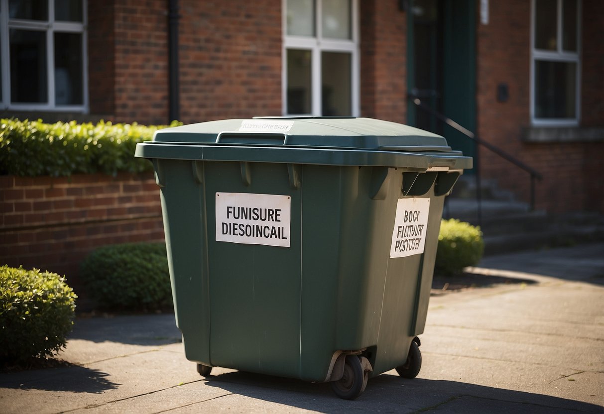 The town council office is filled with old, worn-out furniture. A large bin sits outside, labeled "Furniture Disposal."
