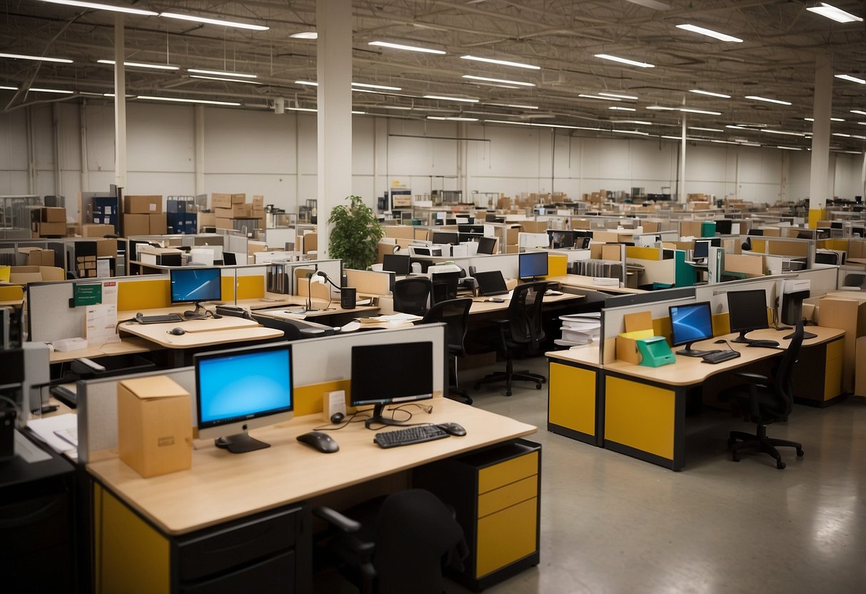 A bustling office furniture warehouse with staff assisting customers, rows of desks and chairs, and a bright, organized showroom