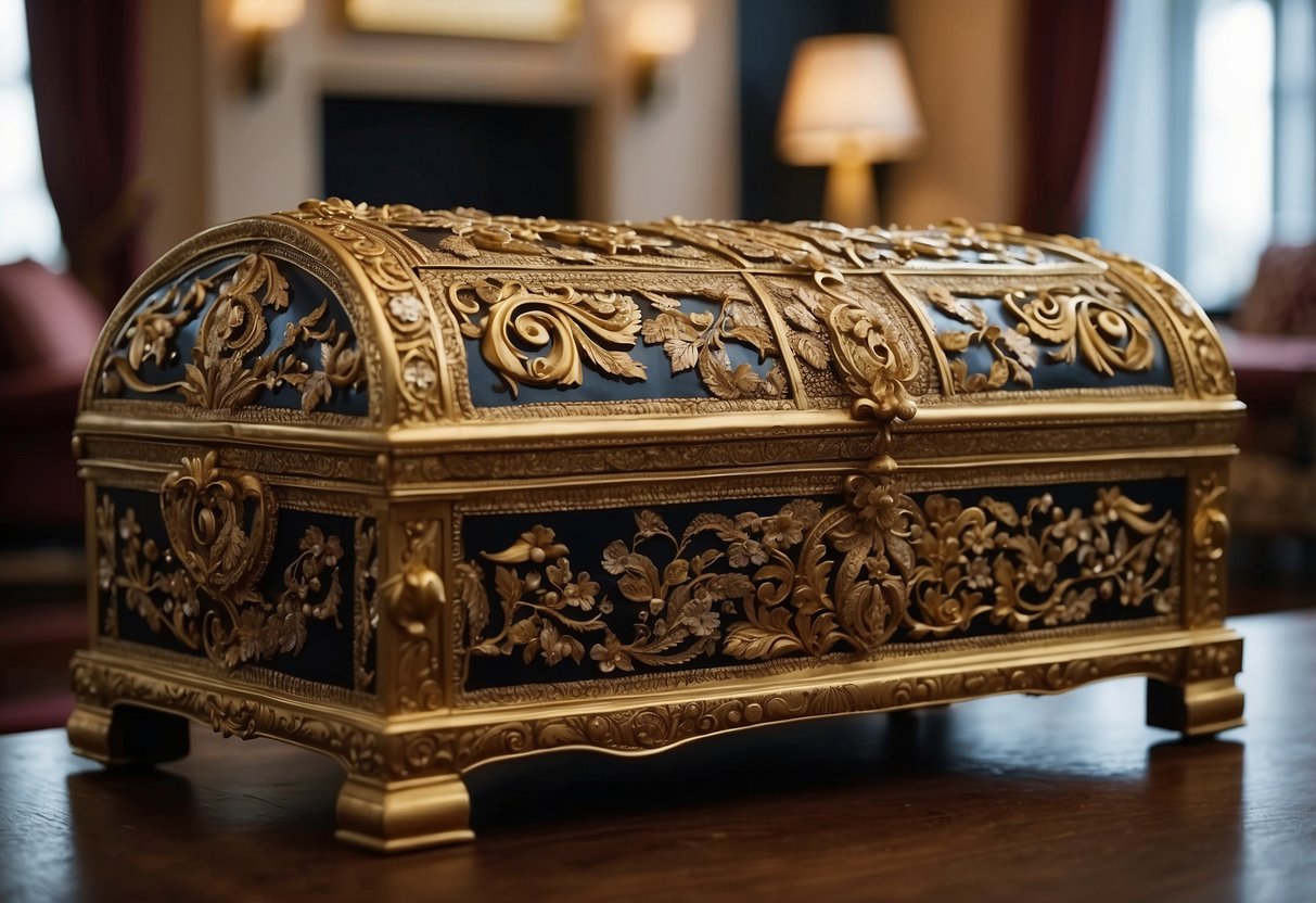 A grand bombe chest sits in a lavish room, adorned with intricate carvings and gilded details. Rich fabrics drape nearby furniture