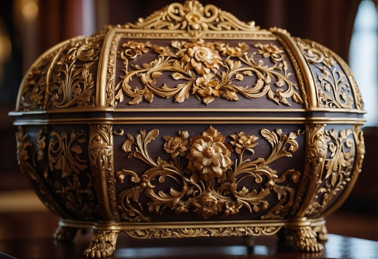 A grand bombe chest stands in a luxurious room, adorned with intricate carvings and gilded accents. The curved shape and ornate details exude opulence and elegance