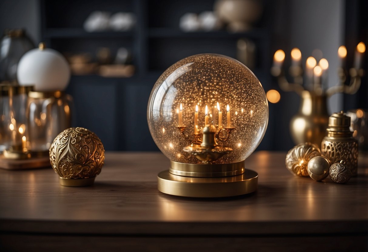 A hand reaching for a decorative bombe piece on a shelf, surrounded by other elegant furniture and home decor items