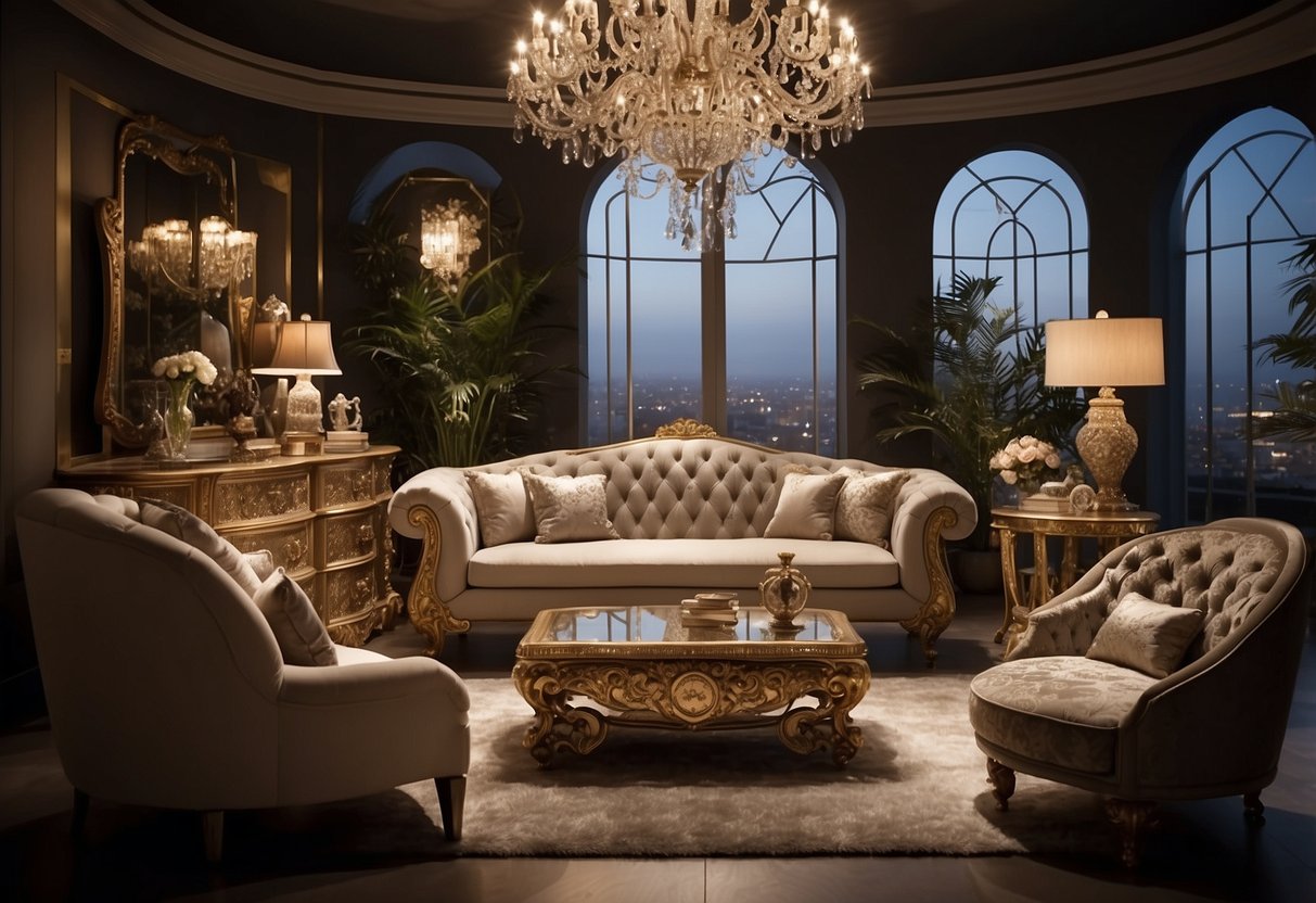 A room with various bombe furniture pieces arranged elegantly, with a spotlight highlighting their intricate designs and craftsmanship