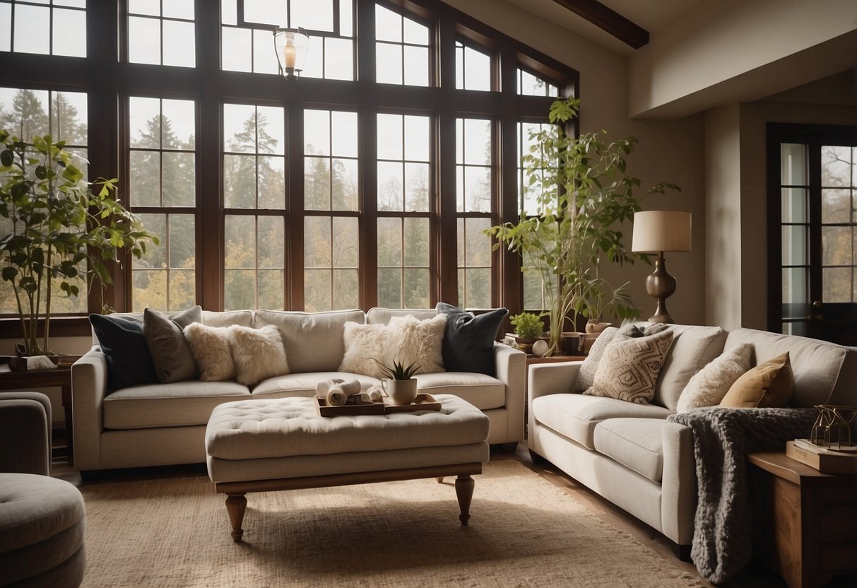 A cozy living room with custom furniture and a large, plush sofa. The room is filled with warm, natural light from the windows, and there are decorative pillows and throws scattered throughout the space