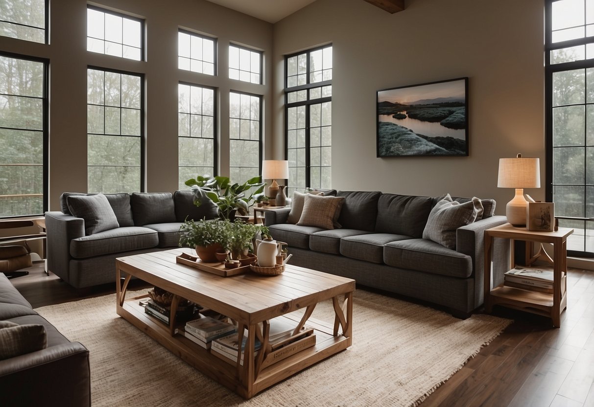 A cozy living room with a custom-made sofa, coffee table, and entertainment center. Natural light streams in through large windows, highlighting the elegant design and comfortable feel of the space