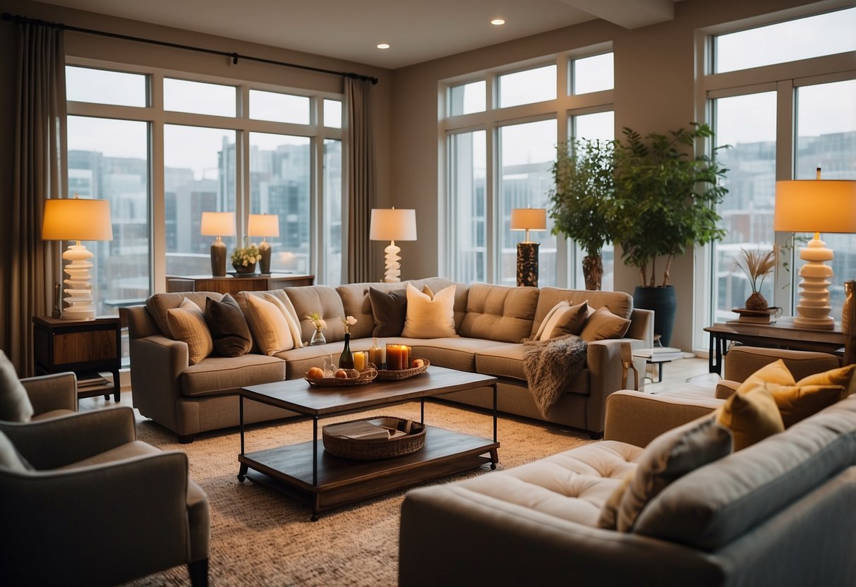 A cozy living room with custom furniture, including a plush sofa, elegant coffee table, and stylish accent chairs, all bathed in warm, inviting lighting