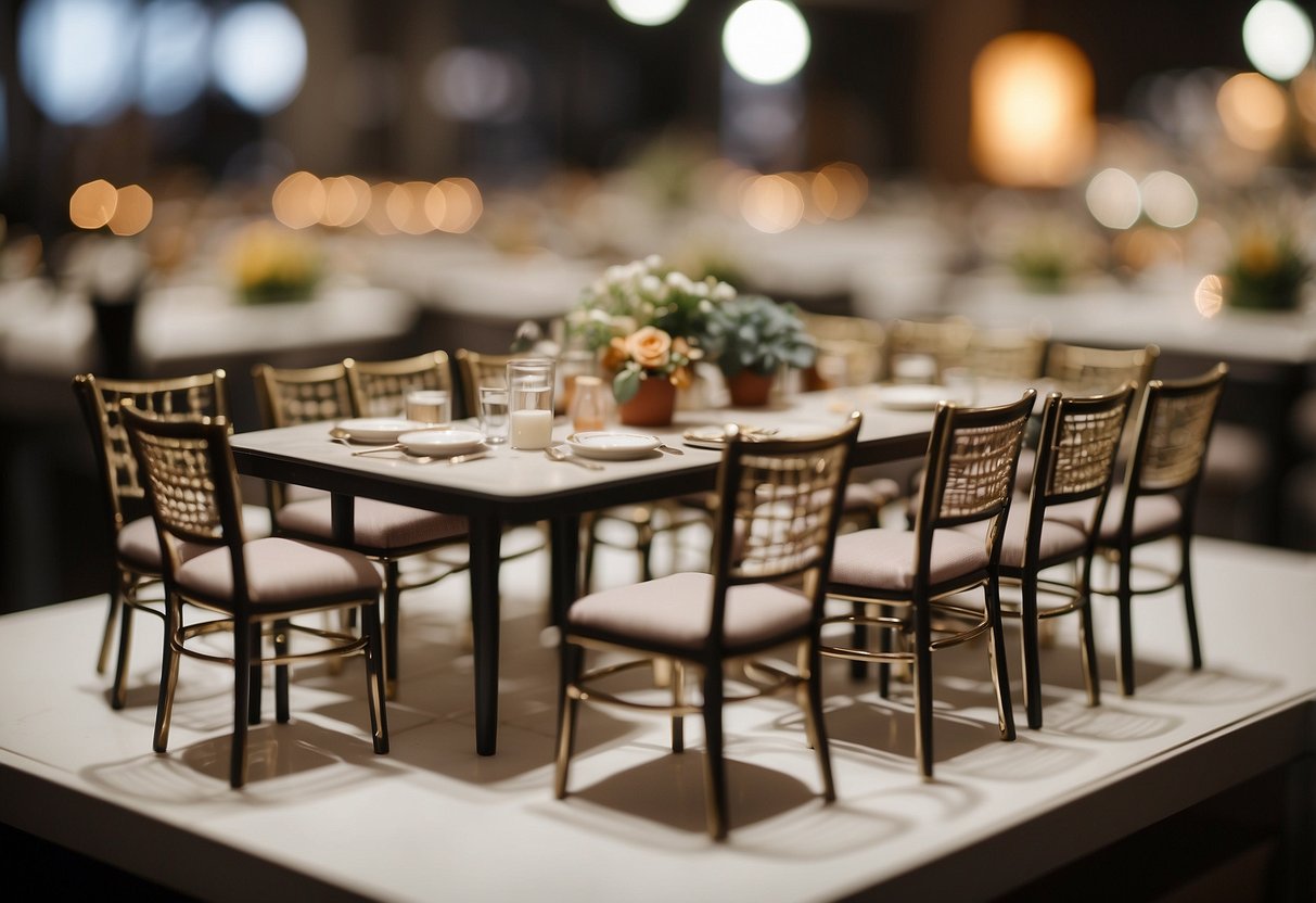 A table displays miniature chairs, beds, and tables for sale