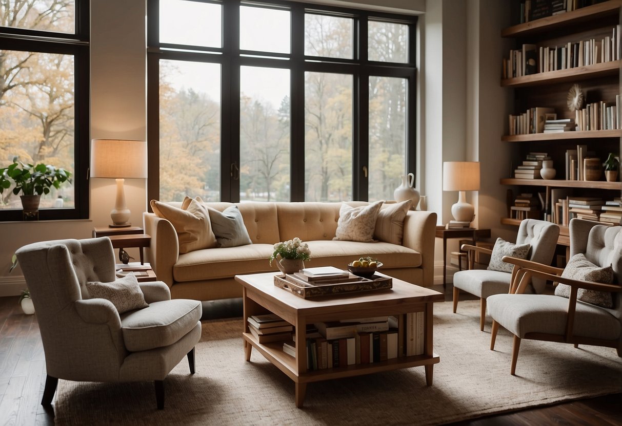 A cozy living room with a custom-made sofa and chairs, a stylish coffee table, and shelves filled with books and decorative items. The room is bathed in warm, natural light from large windows, creating a welcoming and inviting atmosphere