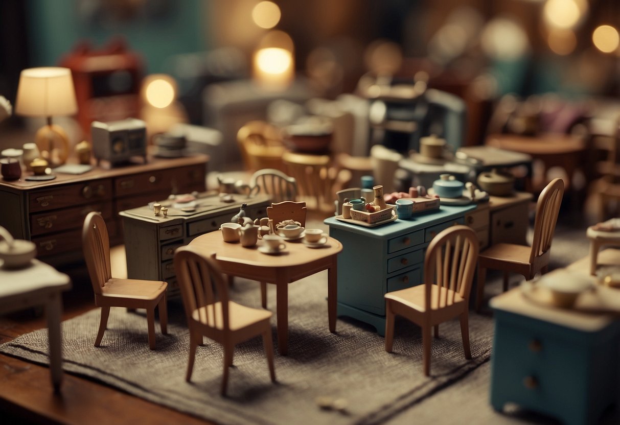 A table covered in tiny chairs, beds, and dressers. A sign reads "Used Dollhouse Furniture for Sale."