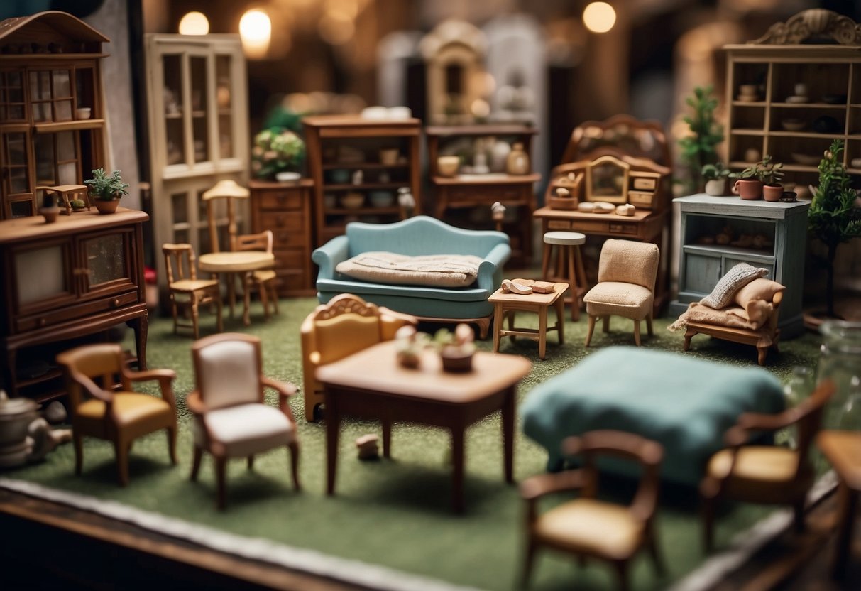 A variety of second-hand dollhouse furniture is displayed for sale, including miniature chairs, tables, and beds. The items are arranged neatly on shelves and tables, with price tags attached