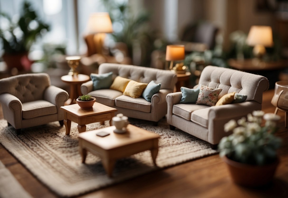 A table displays miniature chairs, beds, and sofas labeled "Frequently Asked Questions used dollhouse furniture for sale."