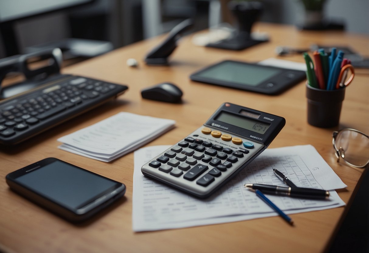A used furniture calculator sits on a desk, surrounded by various pieces of furniture. The calculator's screen displays a valuation, while a person scribbles notes on a clipboard