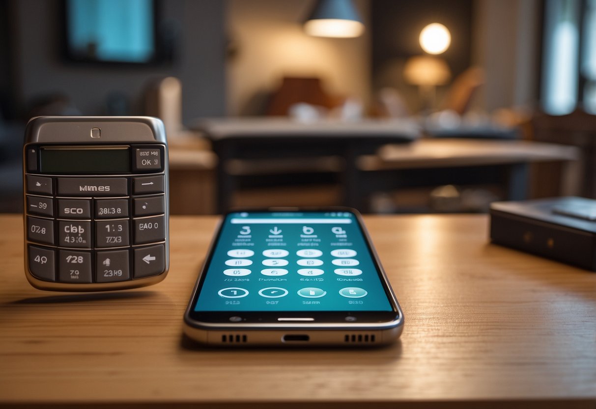A hand holding a smartphone with a used furniture calculator app open, surrounded by various pieces of furniture for sale