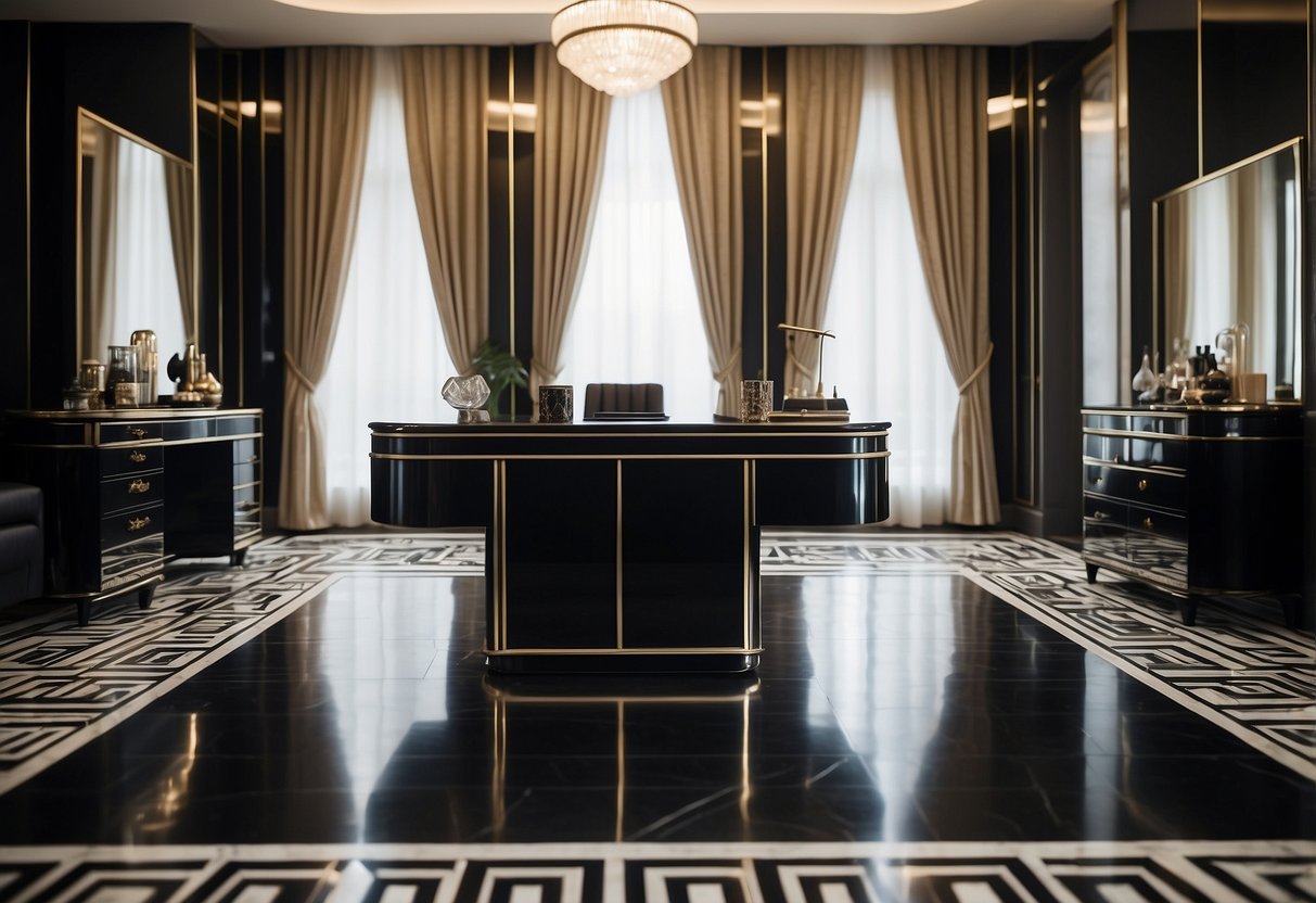 A room with 1920s art deco furniture, including a sleek black lacquer desk, a mirrored vanity, and a geometric-patterned rug