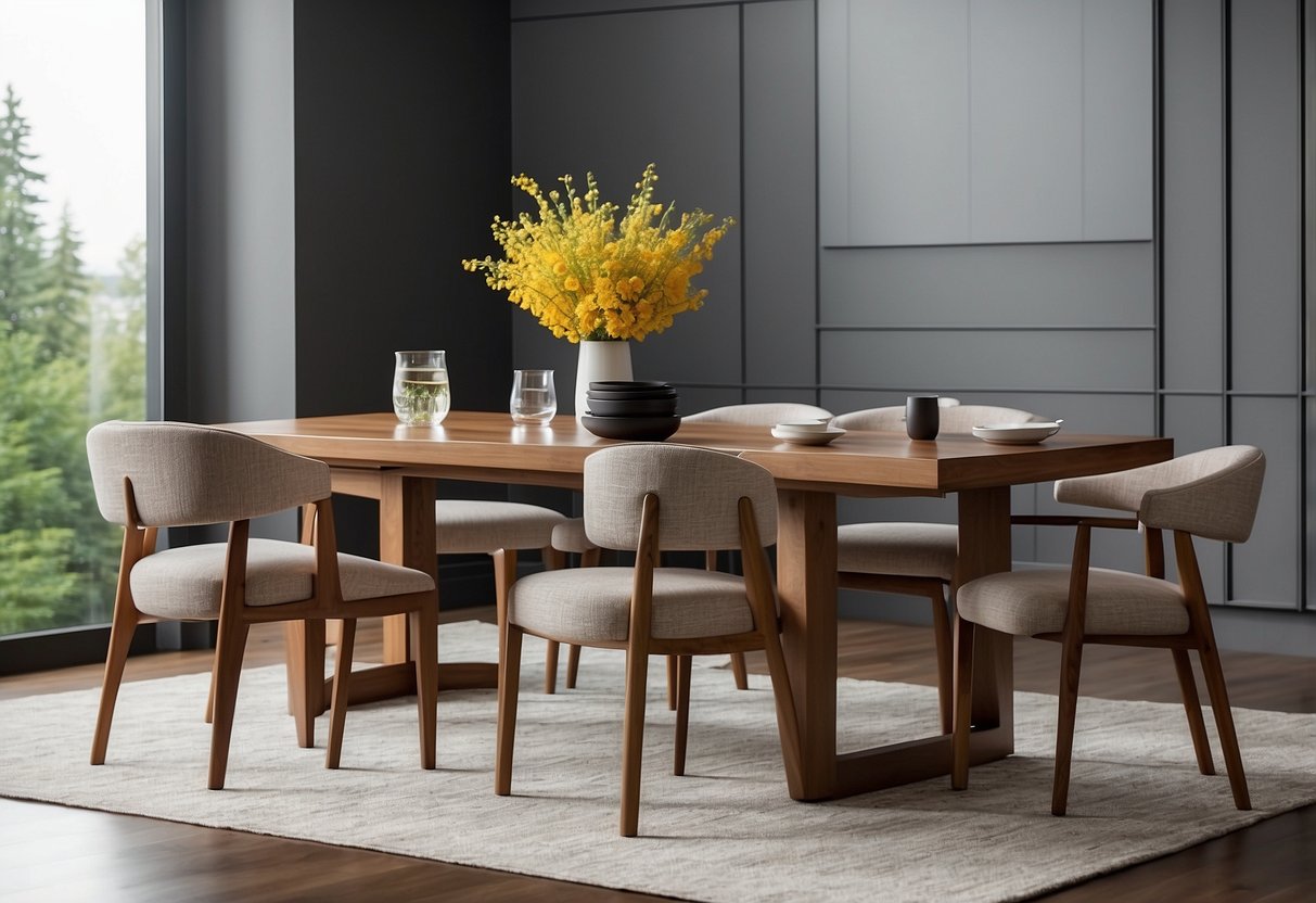 A modern dining table with sleek design and wooden finish, surrounded by four chairs with cushioned seats