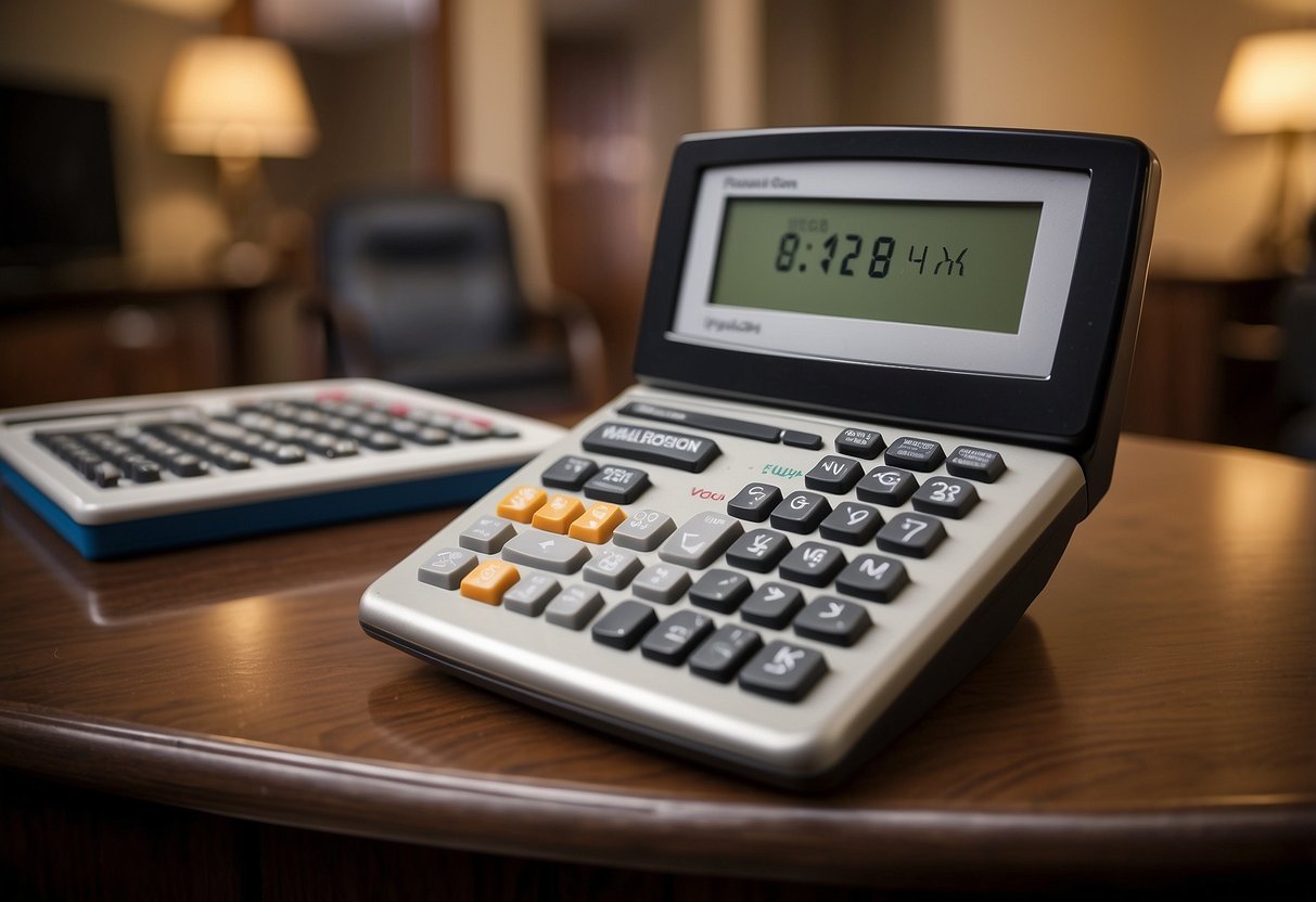 A calculator surrounded by used furniture with "Frequently Asked Questions" displayed on the screen