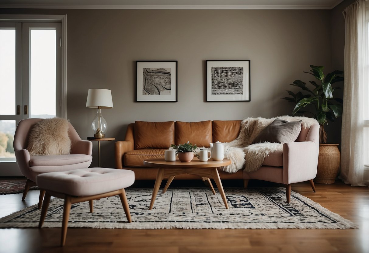 A cozy living room with a vintage deco furniture set, including a stylish armchair, a sleek coffee table, and a geometric-patterned rug