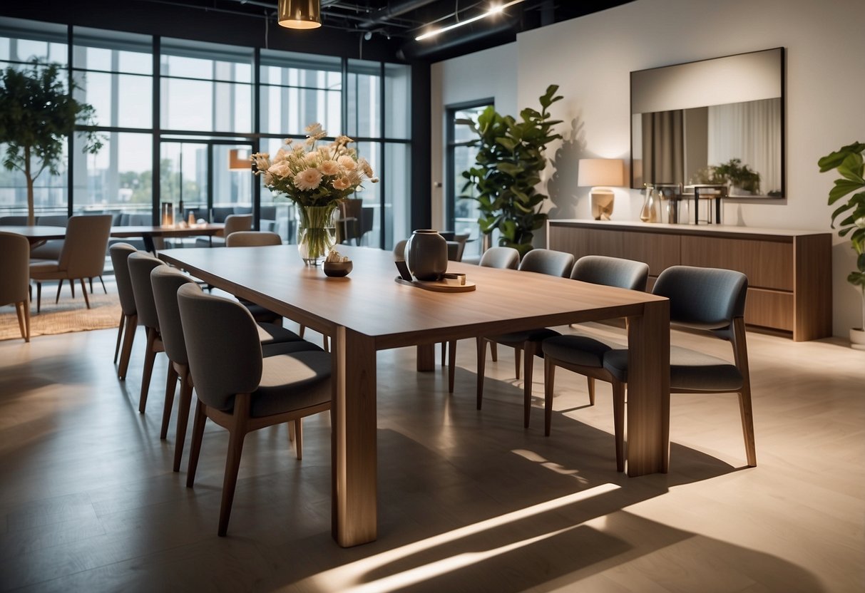 A well-lit showroom displays a variety of sleek and modern dining tables from Nova Furniture, with clean lines and elegant finishes