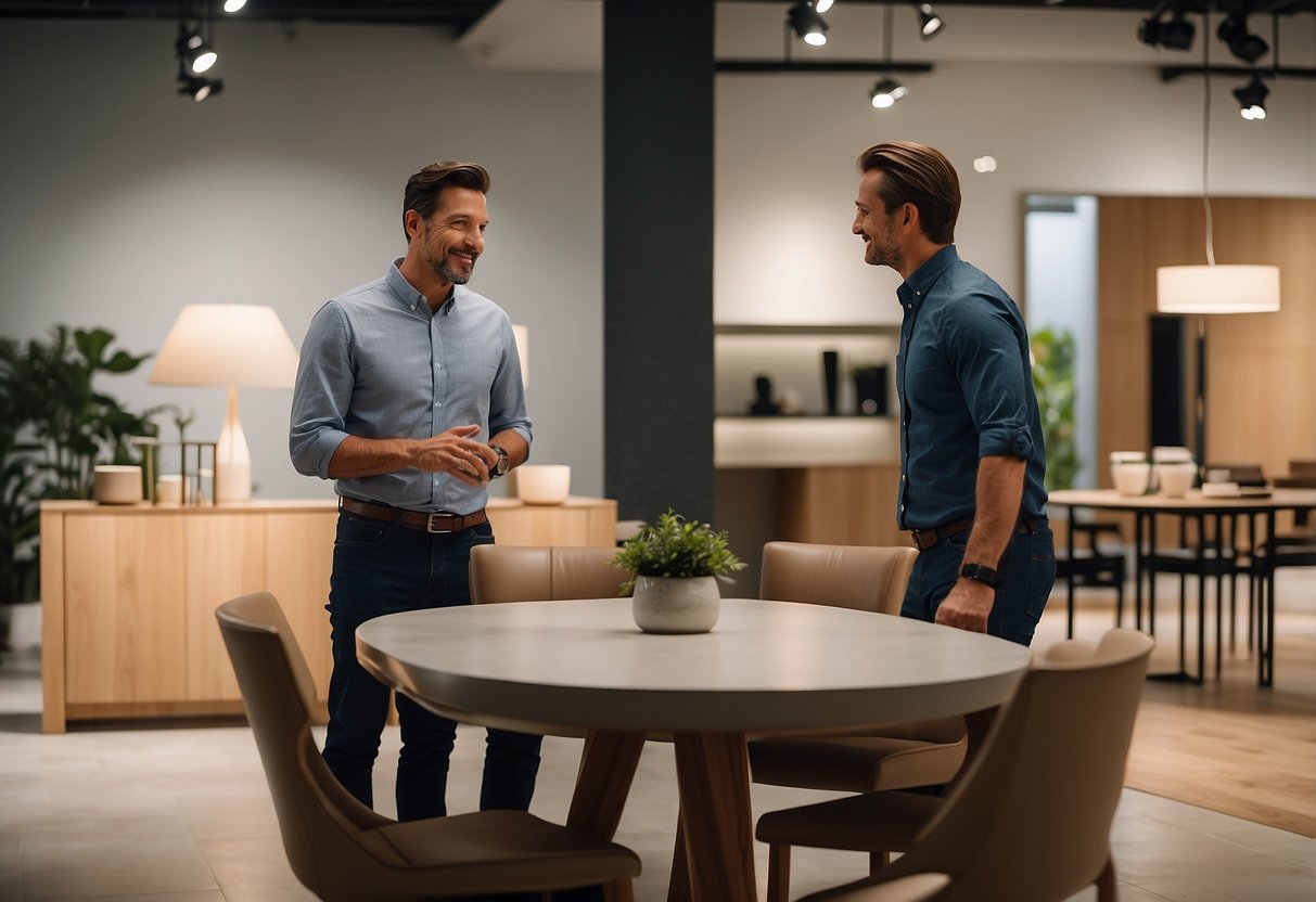 A customer admires a sleek Nova Furniture dining table in a spacious, well-lit showroom. A friendly salesperson assists with aftercare instructions