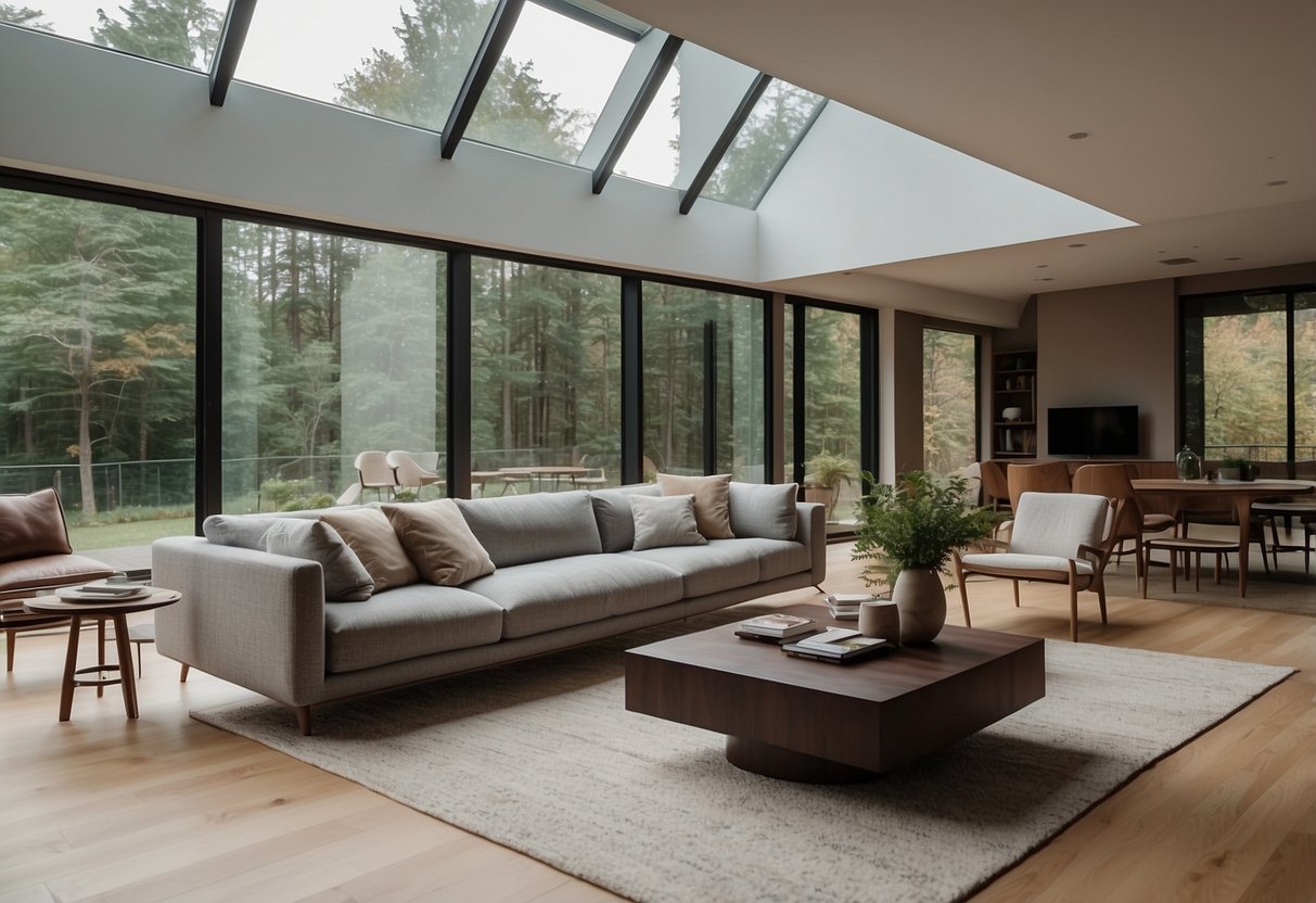 A cozy living room with modern, sleek furniture, bathed in natural light from large windows. Clean lines and minimalist design create a sense of sophistication and comfort