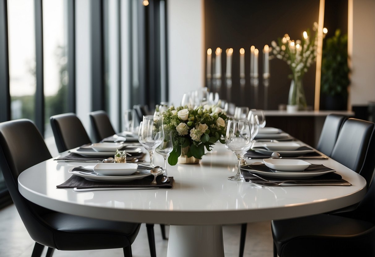 A modern dining table with sleek lines and a glossy finish, surrounded by stylish chairs. The table is adorned with elegant place settings and a centerpiece