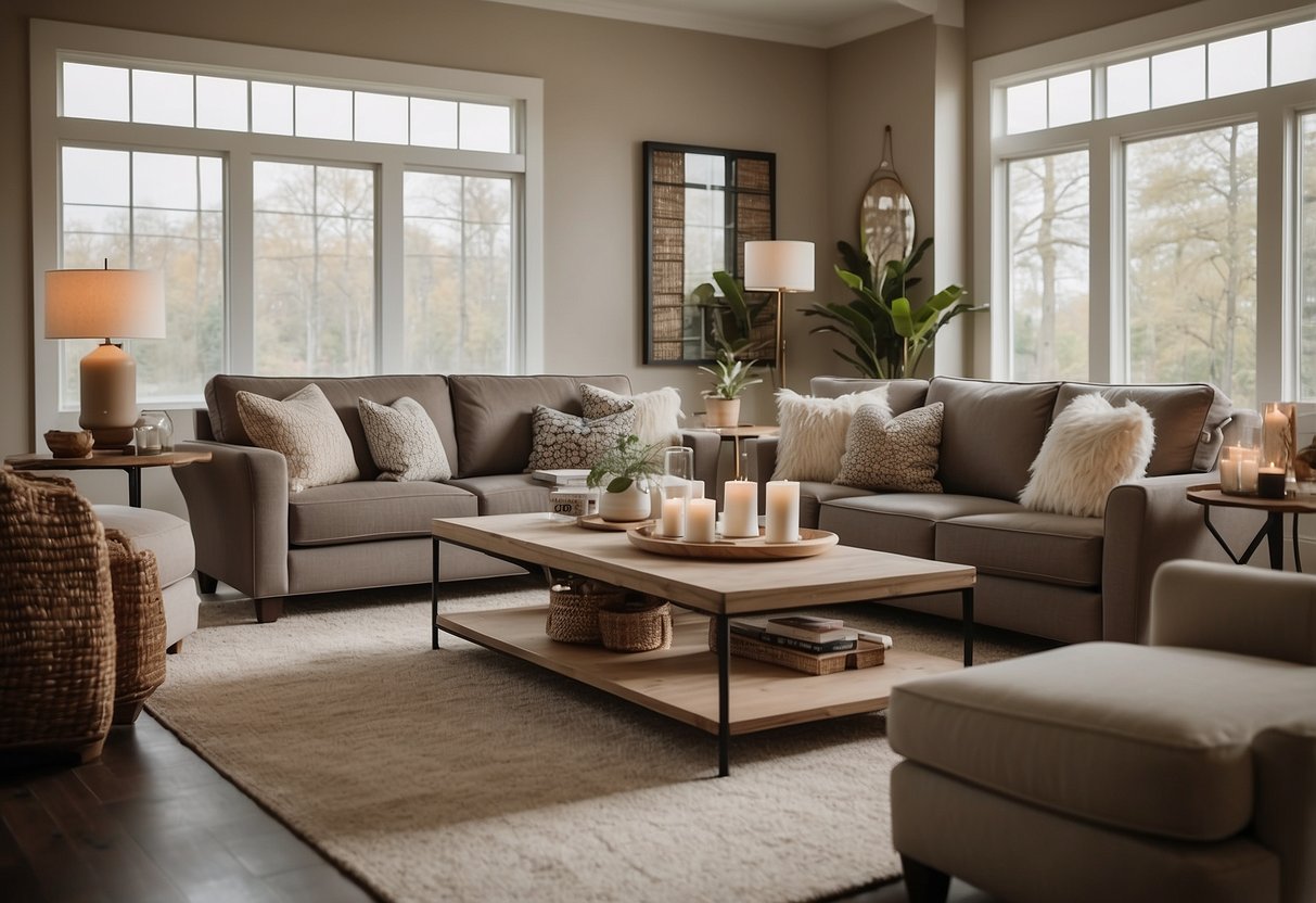 A cozy living room with a Currey furniture set, including a plush sofa, elegant coffee table, and stylish lamps
