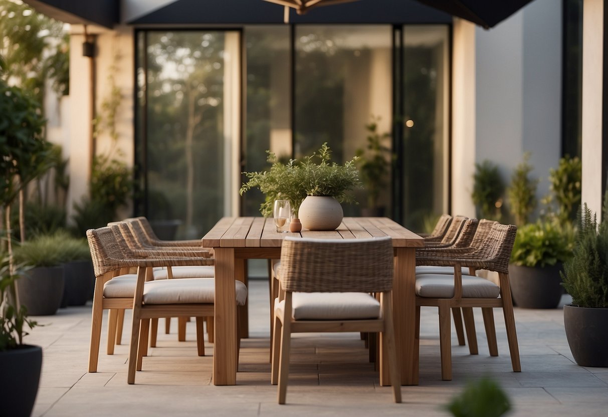 A modern outdoor setting with Ethimo furniture: a sleek dining table and chairs on a patio, surrounded by lush greenery and soft lighting