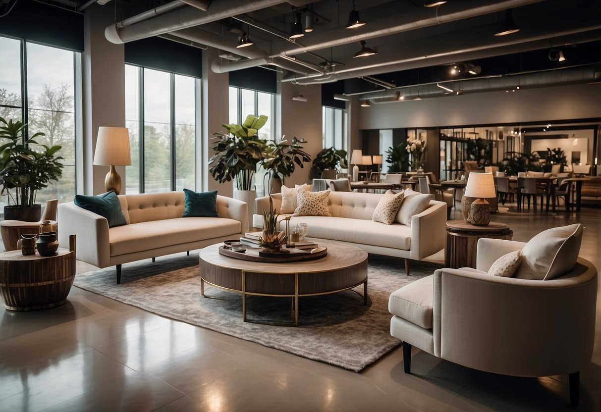 A spacious showroom displays a variety of modern and classic furniture pieces. Natural light floods the room, highlighting the intricate details and quality craftsmanship of each item