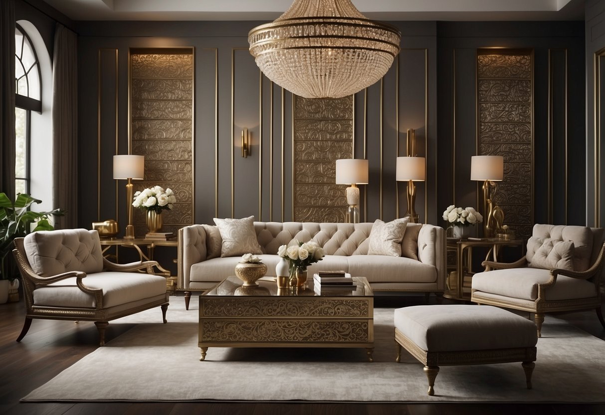 A room filled with elegant Currey furniture pieces, featuring intricate designs and luxurious materials