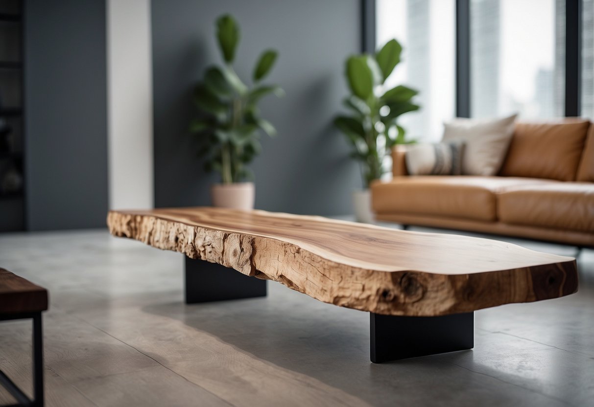 A wooden slab with natural, irregular edges sits atop metal legs in a modern, minimalist living room