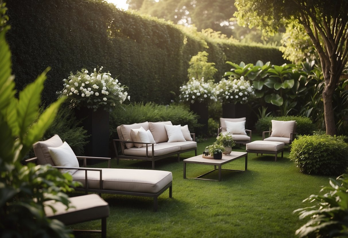 Lush garden setting with modern outdoor furniture, including sleek chairs and tables, surrounded by vibrant greenery and elegant decor