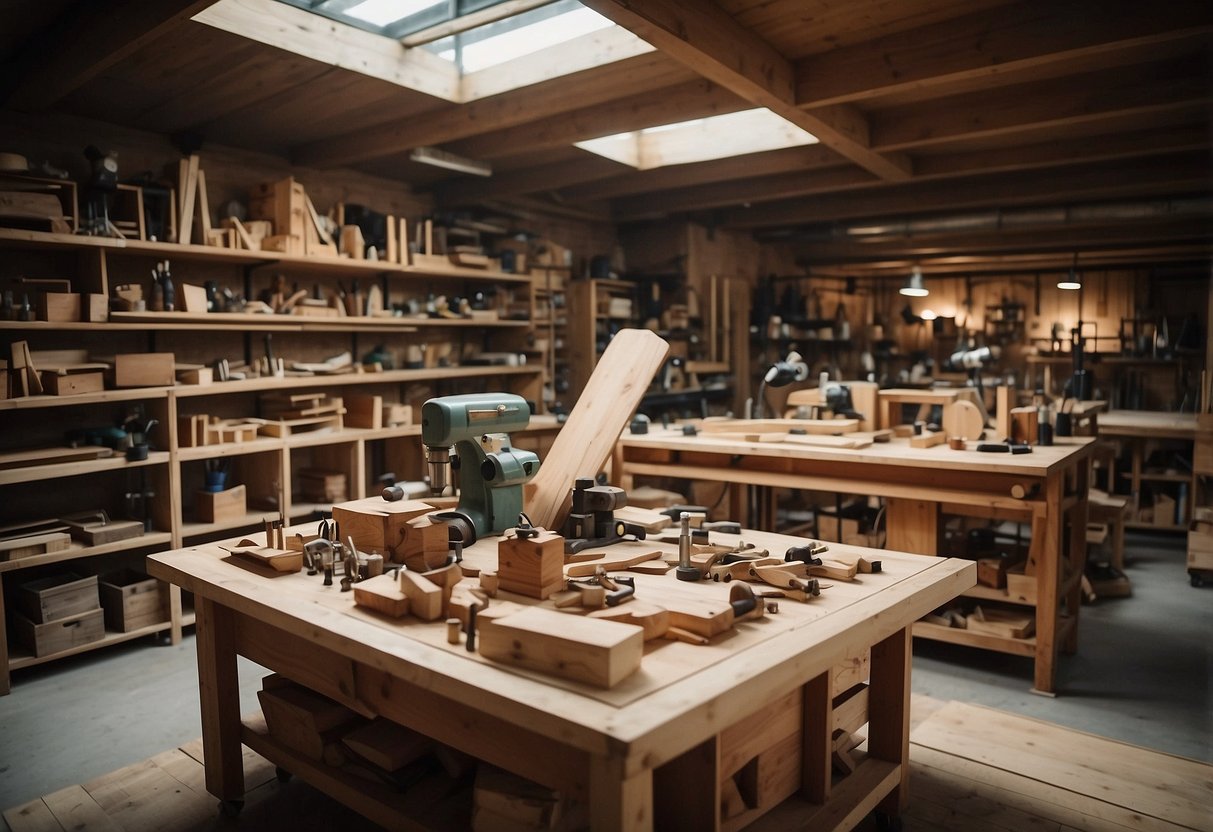 A workshop filled with tools, wood shavings, and intricate furniture pieces in various stages of completion. The space exudes a sense of craftsmanship and dedication to design philosophy