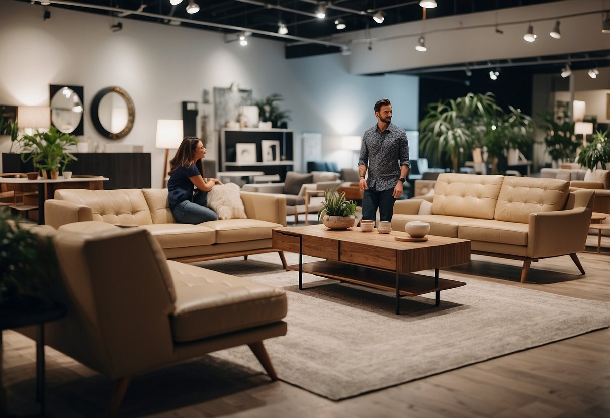 A customer browsing through a well-lit furniture showroom, with friendly staff assisting and a wide range of stylish and modern furniture on display